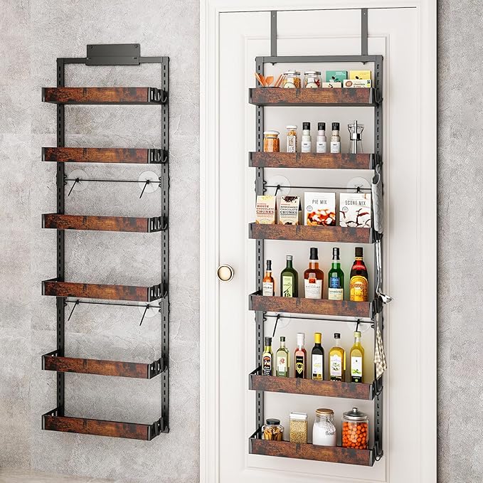 bukfen Over the Door Pantry Organizer, 6-Tier Adjustable Wooden Basket Kitchen Pantry Door Organization and Storage, Heavy-Duty Metal Hanging Kitchen Spice Rack,D6.3 x W17.71 x H50.60 inch,1 Pack-Ruum Studio Home