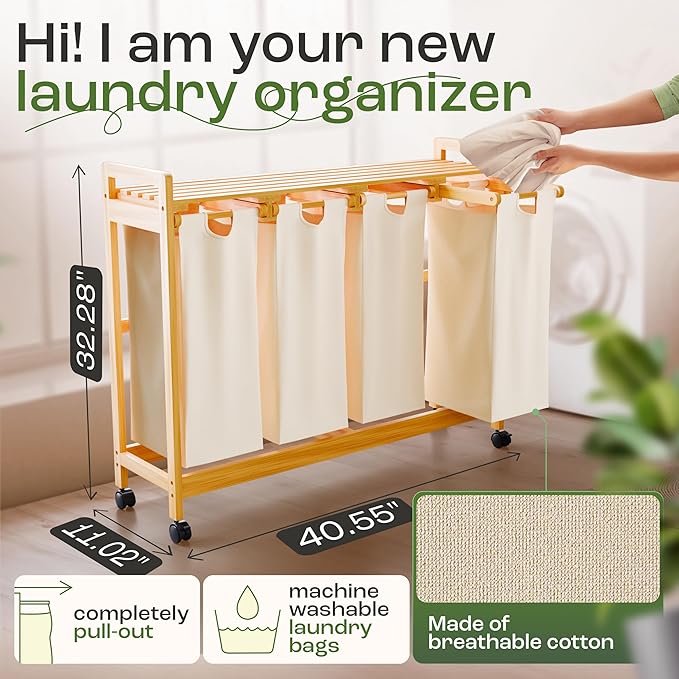 Laundry Sorter with 4 Sections beige, Hamper with Removable Cotton Bags & Wheels โ Perfect Laundry Organizer - Eco-Friendly Rolling Laundry Basket โ Durable Bamboo and Stylish Design-Ruum Studio Home
