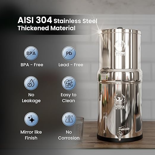 Gravity Water Filter System - 3.25 Gallons - NSF Certified - AISI 304 Stainless Steel Countertop Water Filter System with 2 Smart (Black) Carbon Filter Elements & Free Stainless Steel Water Spigot-Ruum Studio Home