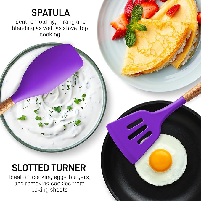 Zulay Kitchen Non-Stick Cooking Utensils Set with Authentic Acacia Wood Handles – 5-Piece Durable & Stylish Silicone Kitchen Utensils Set – Heat Resistant to 464°F – Purple-Ruum Studio Home
