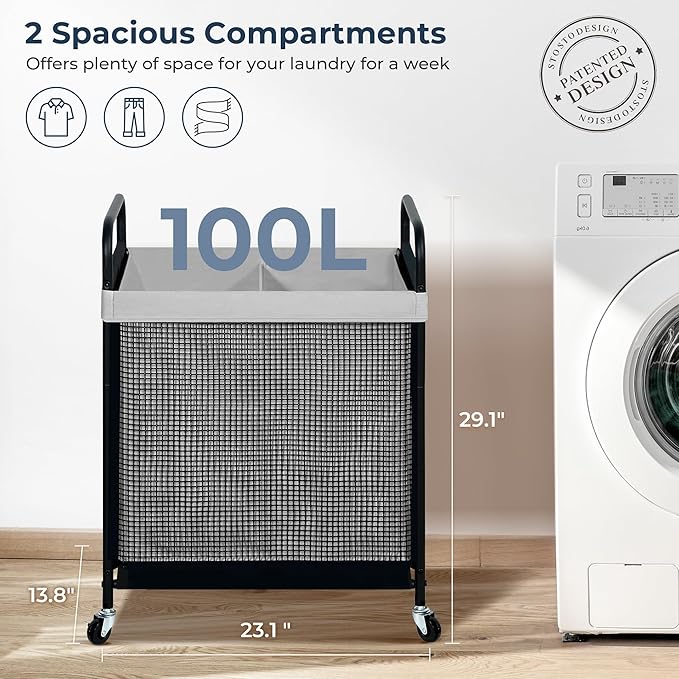 STO STO Laundry Hamper 2 Section, 100L Rolling Laundry Sorter Cart with Removable and Washable Liner Bag, Rolling Clothes Hamper with Metal Handle for Laundry Room and Bedroom, Gray-Ruum Studio Home