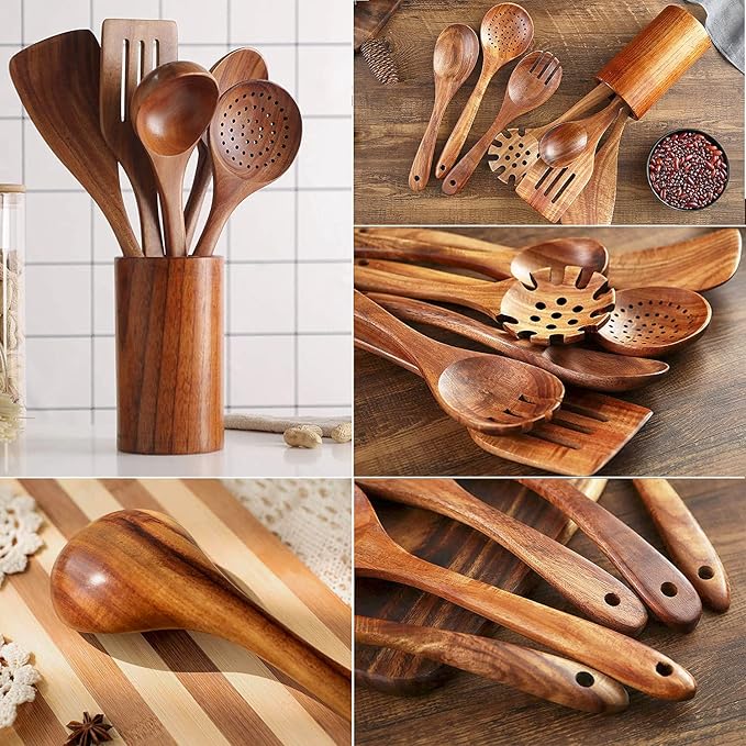 Teak Wooden Kitchen Utensil Set - 7Pcs Wooden Cooking Utensils Including Spatula-Ruum Studio Home