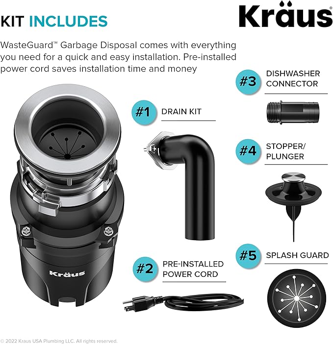 KRAUS WasteGuard 1/3 HP Ultra-Quiet Garbage Disposal with Quick Connect, Kitchen Sink Drain Cover, Power Cord and Flange Included, KWD100-33MBL-Ruum Studio Home