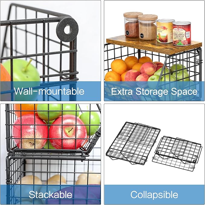 X-cosrack 2-Tier Stackable Wire Baskets for with Wood Lid, Wall Hanging Baskets for Potato and Onion Storage, Fruit Basket for Kitchen Counter, Metal Baskets for Snack Produce Cans-Ruum Studio Home