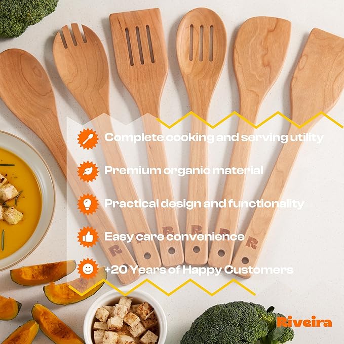 Riveira Cherry Wooden Spoons for Cooking Set of 6 – Natural Cherry Wooden Cooking Utensils, Wooden Spatula, Wooden Spoon - Premium Quality Wooden Utensil Set for Non-Toxic Cooking-Ruum Studio Home