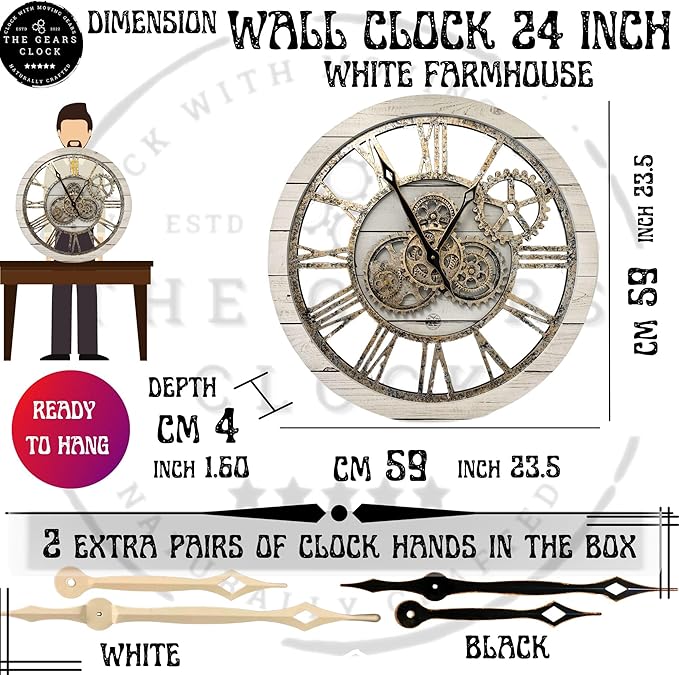 The Gears Clock The Original Real Moving Gear Wall Clock Vintage Industrial Oversized Rustic Farmhouse (24 inch (60cm),White Farmhouse)-Ruum Studio Home