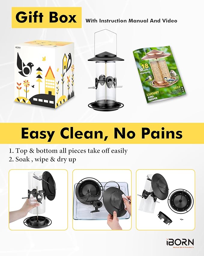 iBorn Metal Bird Feeder for Outside Hanging,Wild Bird Feeders for Cardinal,18cm Large Roof&Tray Black 10 Port(Seed is not Included)-Ruum Studio Home