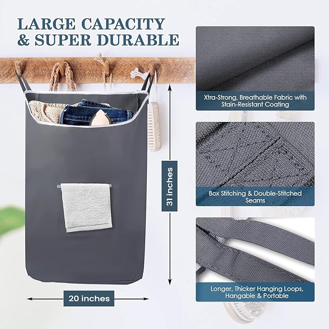 The Fine Living Co. X-Large Hanging Laundry Hamper with Over Door Hooks & Adhesive, Durable Space Saving Laundry Bag with Zipper and Wide Open Top,Hanging Dorm Laundry Hamper 20"x3.75"x31" (Gray-XL)-Ruum Studio Home