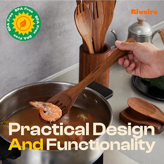 Riveira Teak Wooden Spoons for Cooking Set of 9 – Natural Teak Wooden Cooking Utensils, Wooden Spatula, Wooden Spoon - Premium Quality Wooden Utensil Set for Non-Toxic Cooking-Ruum Studio Home