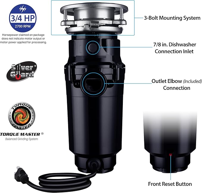 Waste Maid 10-US-WM-458-SL-3B Garbage Disposal Anti-Jam Stainless Steel Food Waste Grinding System, 3/4 HP Slim Line, Black-Ruum Studio Home