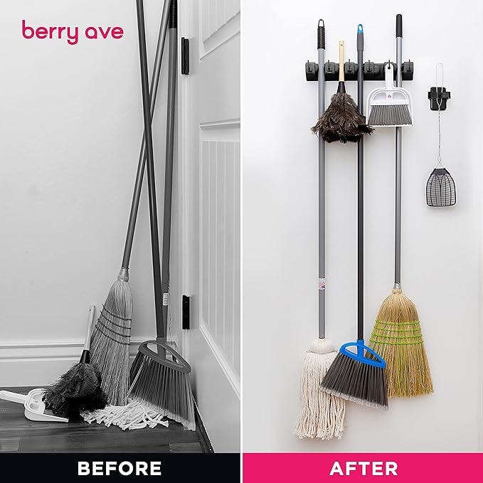 Combo 5 Slot Broom Holder w/ 1 Self Adhesive Mop Gripper No-Drilling, Wall Mount Tool Organizers For Kitchen, Garage, Laundry Room- Anti-Slip Hanger For Brooms, Mops, Rakes, Dustpans (Black / Black)-Ruum Studio Home