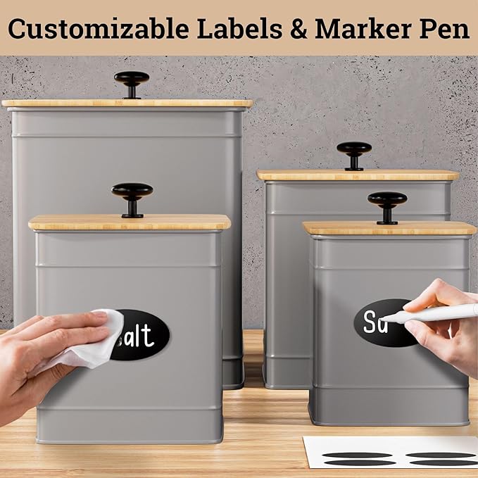 Kitchen Canisters for Countertop Set of 4 with Customizable Chalkboard Labels & Marker Pen - Big Iron Kitchen Canisters with Airtight Lids - Gray Canister Set - Flour and Sugar Containers Farmhouse-Ruum Studio Home