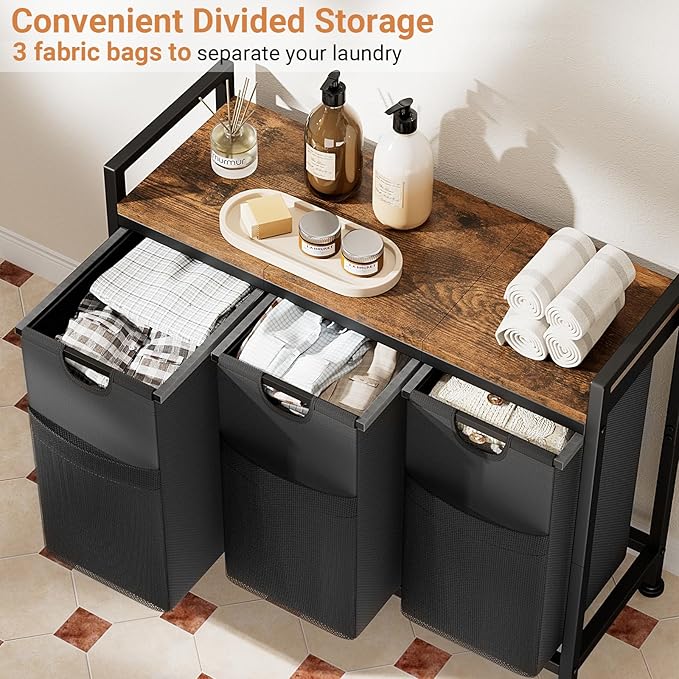 Lulive Laundry Hamper, Laundry Basket Organizer with 3 Pull-Out Removable Bags & Large Top Shelf, 3 × 12.5 Gal (142L) Freestanding Laundry Sorter 3 Sections for Laundry Room, Bathroom and Dorm-Ruum Studio Home