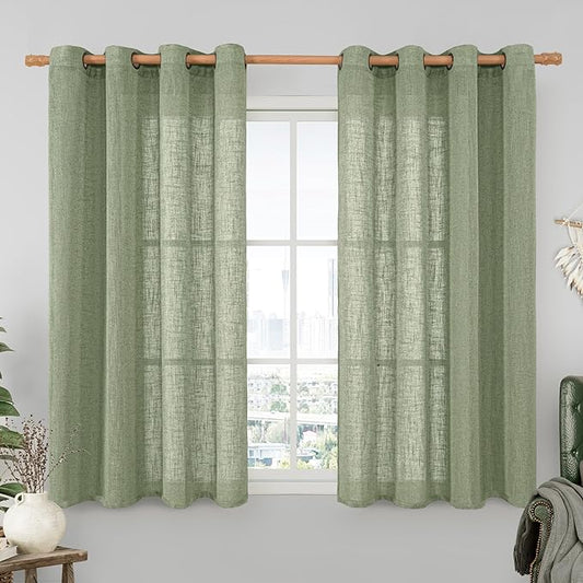 LAMIT Small Linen Curtains 2 Panels Set for Bebroom, 45 inches Long Soft Thick Light Filtering Bronze Grommet Window Textured Neutral Sheer Drapes for Kitchen/Loft Room, 52 x 45 Inch, Sage Green-Ruum Studio Home