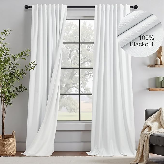 Neutral 11 ft Blackout Curtains 132 Inches Long Elegant Villa Cottage Tall Floor to Ceiling Curtains for Sliding Glass Door Patio 2 Panels Privacy White Linen Drapes for Living Room Divider Back Tab