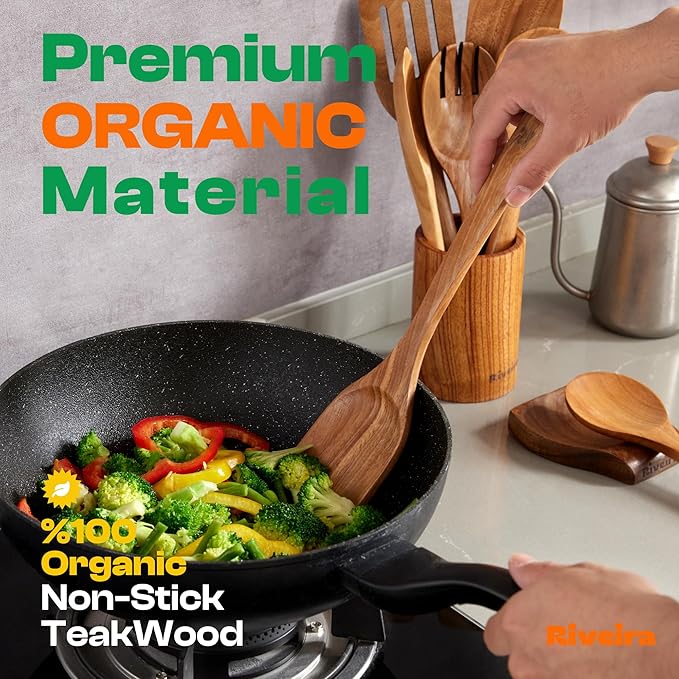 Riveira 9 Pieces Teak Wooden Spoons For Cooking – Premium & Durable Organic Teak Wooden Cooking Utensils – Non Stick Wooden Spatula For Cooking – Non Toxic Utensil Set With Holder & Spoon Rest-Ruum Studio Home