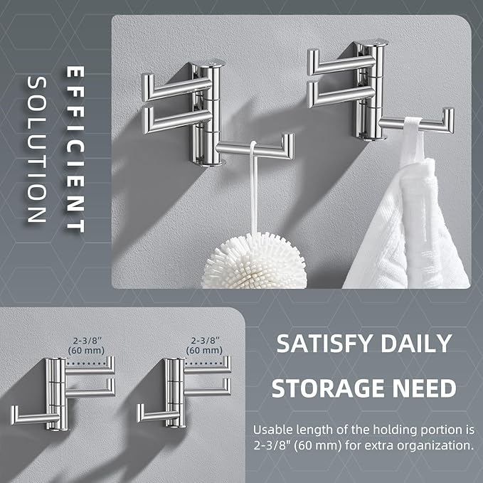 Angle Simple Swivel Towel Hooks for Bathroom, SUS 304 Stainless Steel Foldable 3 Arms Hand Towel Holder, Coat Wall Hooks, Polished Chrome, 2 Pack-Ruum Studio Home