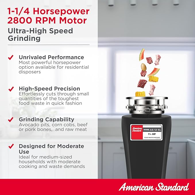 American Standard 10-US-AS-12-SL Garbage Disposal Anti-Jam Stainless Steel Food Waste Grinding System, Slim Line, 1.25 HP, Black-Ruum Studio Home