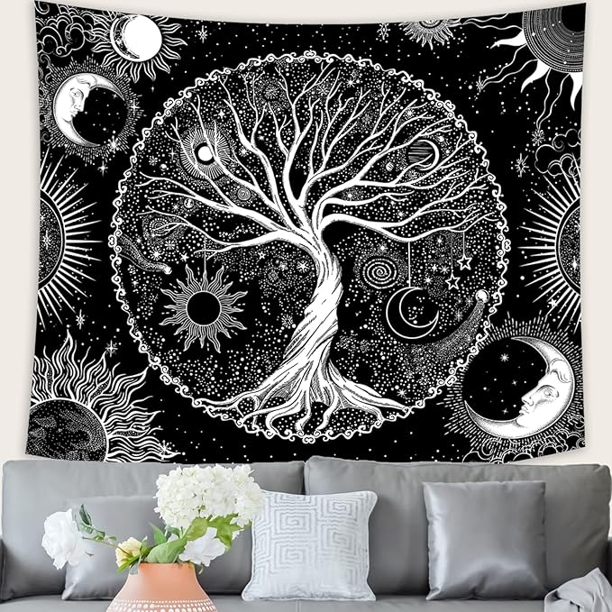 AACKart Tree of Life Tapestry for Bedroom Aesthetic Room Decor-Black and White Spiritual Tree Tapestry Wall Hanging with Sun Moon Star 59.1 x 51.2 inches-Ruum Studio Home
