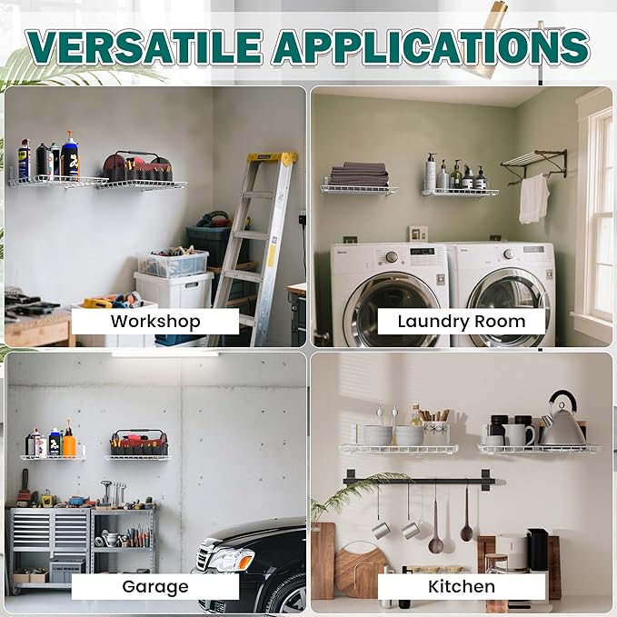 EVERHANGER Garage Wall Shelves 12x18 Inch, Wall Mounted Storage Shelf, Metal Shelf Rack, Heavy-Duty Shelf Organizer 2 Pack, White-Ruum Studio Home