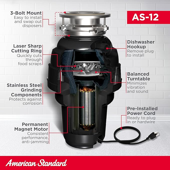 American Standard 10-US-AS-12 Garbage Disposal Anti-Jam Stainless Steel Food Waste Grinding System, Heavy Duty, 1.25 HP, Black-Ruum Studio Home