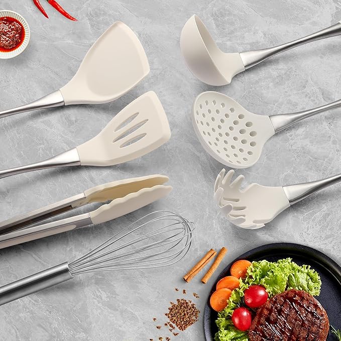 Premium White Silicone Cooking Utensils Set-Non-Toxic, Heat Resistant, BPA Free Kitchen Utensils Set with Spatula, Spoon, Whisk & Tongs-Non-Stick& Dishwasher Safe for Nonstick Cookware-Ruum Studio Home