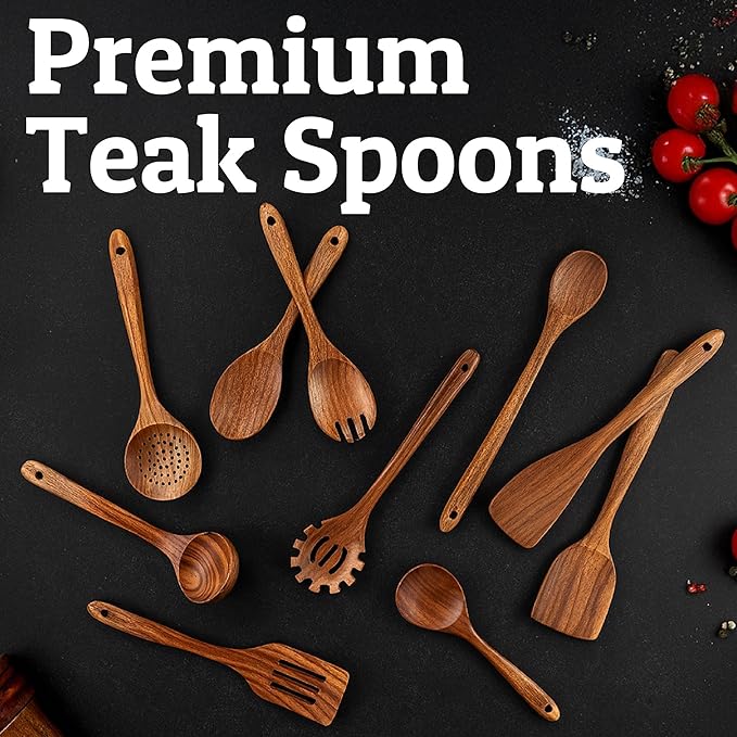 PriorityChef Premium Wooden Spoons for Cooking - 10pc with Spoon Rest and Hanging Hooks, Smooth Finish Teak Wooden Utensil Set, Heat-Resistant & Nonstick Safe, Ideal for Gifting-Ruum Studio Home