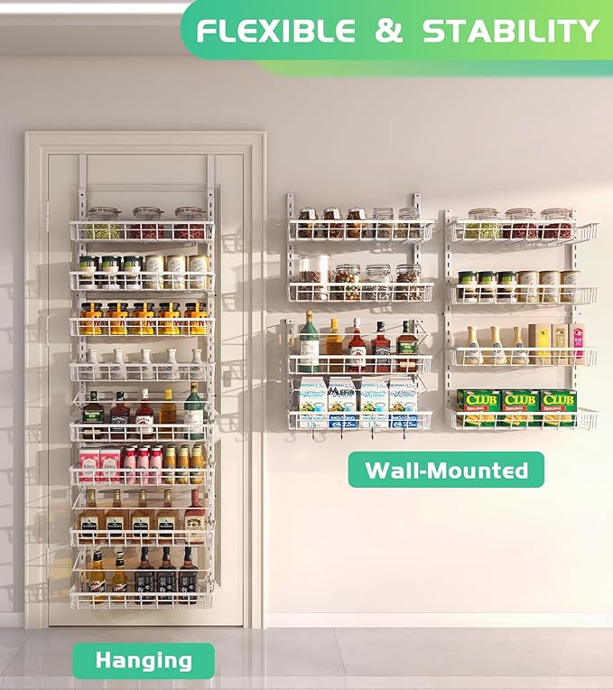 Over The Door Pantry Organizer, Wall Mount Spice Rack, Pantry Hanging Storage and Organization, 8 Adjustable Baskets Heavy-Duty Metal for Home & Kitchen, Back of Door Seasoning Rack - White-Ruum Studio Home