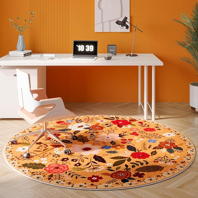 Round Rug 4ft Washable Circle Rug Non Slip Low Pile Boho Floral Small Circular Rug for Bedroom, Bathroom, Entryway, Kids Room, Office, College Dorm(Yellow)-Ruum Studio Home