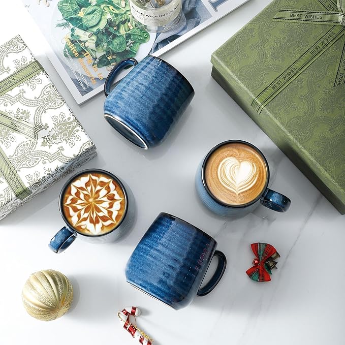Hasense Small Coffee Mugs 8 oz, Ceramic Cappuccino Cups Set of 4, Espresso Mug with Handle for Latte, Tea, Milk and Mocha, Mini Cups for Gift, Dishwasher & Microwave Safe, Blue-Ruum Studio Home