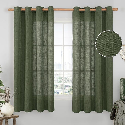 LAMIT Olive Green Sheer Linen Curtains 63 inch Length for Bedroom, Semi Sheer Light Filtering Window Treatments Neutral Bronze Grommet Christmas Drapes for Living Room, 2 Panels Set, 52 x 63 Inch-Ruum Studio Home