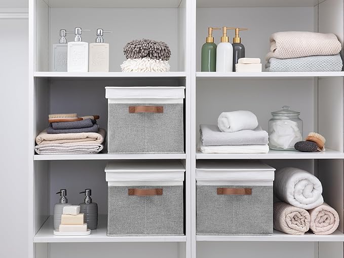 StorageWorks Storage Bins with Lids, Decorative Storage Boxes with Lid and PU Handles, Foldable Storage Baskets for Closet, Shelves, Stackable, Gray and White, Jumbo, 3-Pack-Ruum Studio Home