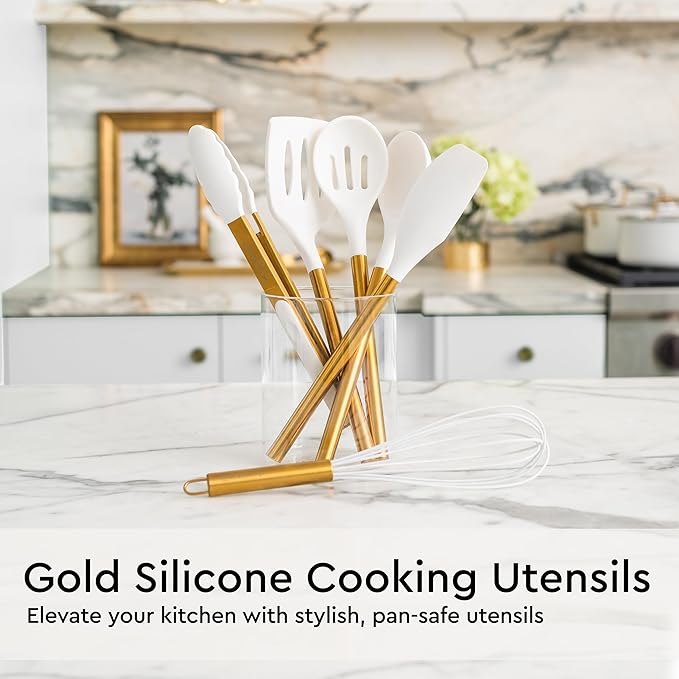 Gold Kitchen Utensils Set - 19-Piece Set Includes Stainless Steel Gold Utensils, White Silicone Tools, and Measuring Cups and Spoons - Luxury Kitchen Accessories for Modern Cooking, Serving, & Gifting-Ruum Studio Home