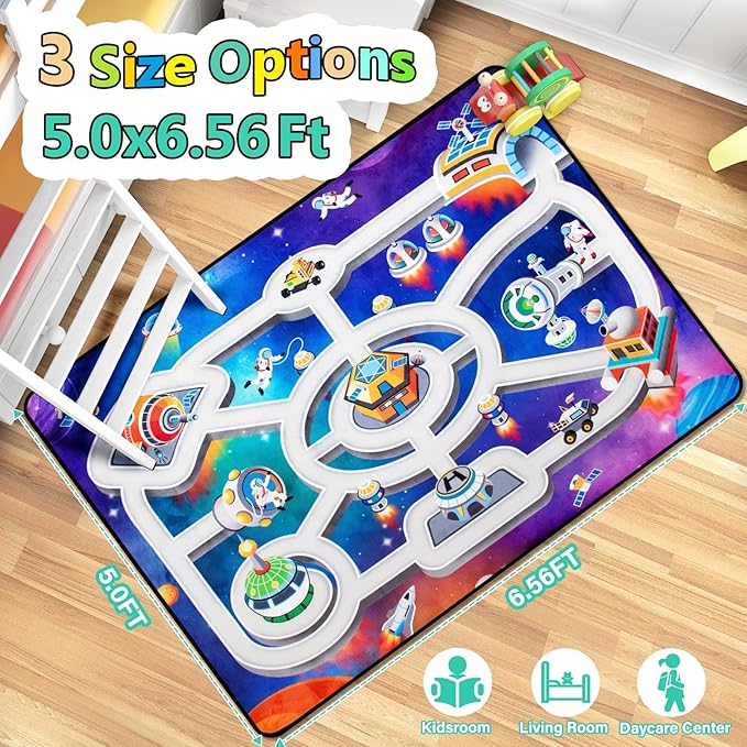 Kids Rug, Space Themed Baby Play Mat, 5x7 Ft Playroom Rug, Colorful Cartoon Outer Space, Planet, Rocket, Spaceship Road Carpet for Playroom, Educational Learning Carpet for Kids Mat-Ruum Studio Home