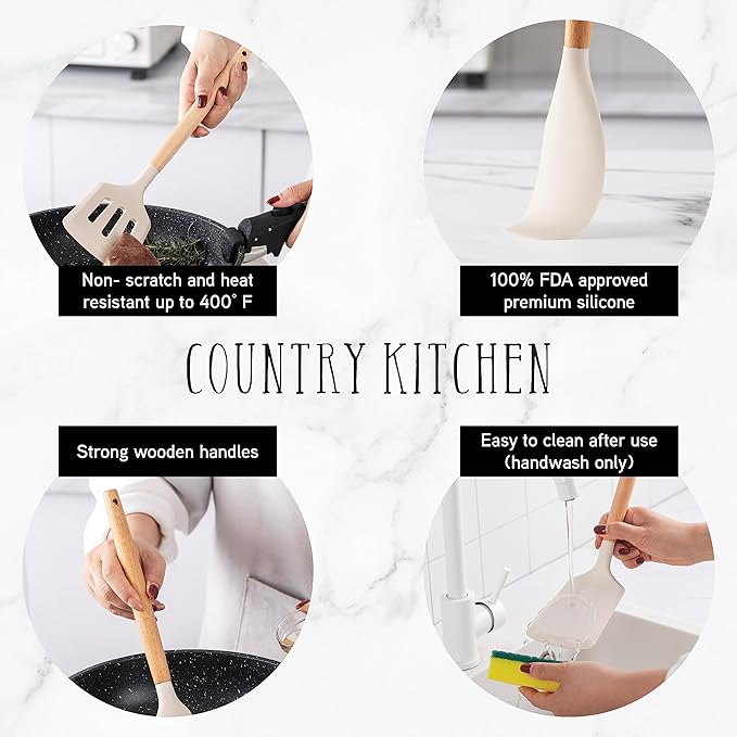 Country Kitchen Non Stick Silicone Utensil Set with Rounded Wood Handles for Cooking and Baking, 14 Piece Set, Khaki-Ruum Studio Home