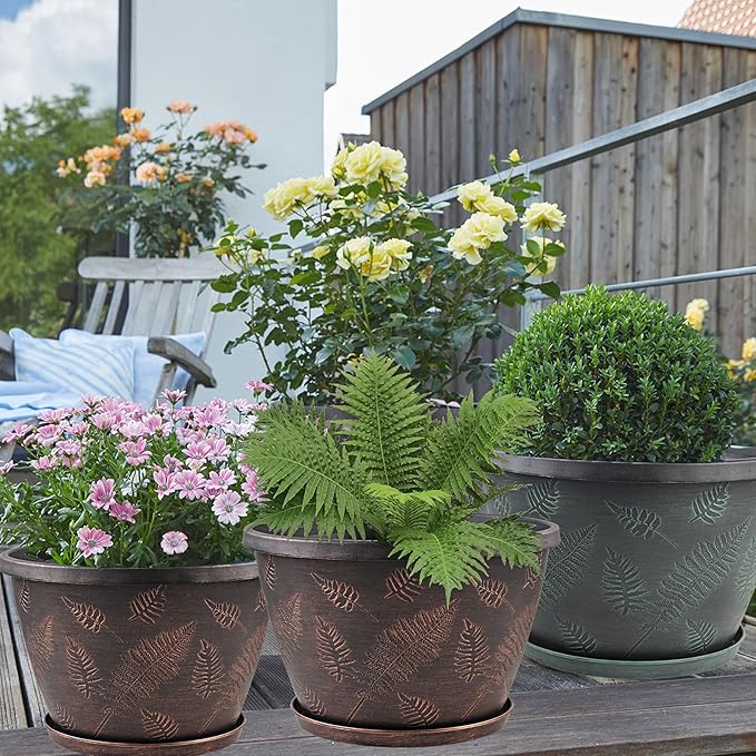 11 inch Plant Pot Set of 3, Plastic Flower Pots with Drainage Hole & Tray, Decorative Round Planters for Indoor Plants, Modern Outdoor Home Flowers Plants Garden Pots (Green)-Ruum Studio Home