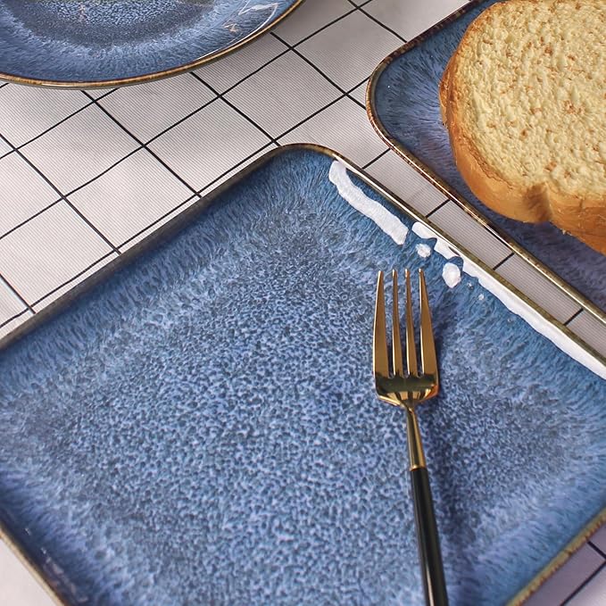 Ceramic Dinner Plates Dish Set, Set of 4, Microwave Oven and Dishwasher Safe, Scratch Resistant, Dinnerware Kitchen Porcelain Serving Dishes Blue, 9 inch Square plate-Ruum Studio Home