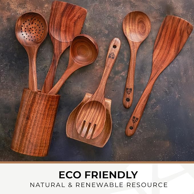 8 Pcs Teak Wooden Utensil Set with Holder, Spoon Rest & 6 Hooks - Durable Wooden Spoons for Cooking with Comfort Grip - Effortless Clean, Non-Stick Friendly-Ruum Studio Home