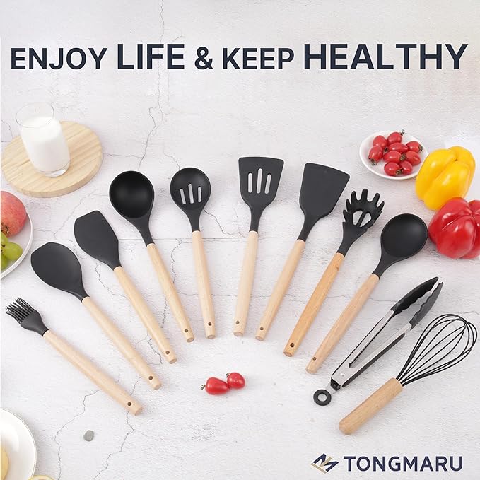 Silicone Cooking Utensils Set, Premium Beech Wood Handle Kitchen Gadgets Utensil Set, Non-Stick Kitchen Utensils Spatula, Tongs, Turner, Whisk, Brush, Spoon, BPA FREE, 446°F Resistant (Black)-Ruum Studio Home