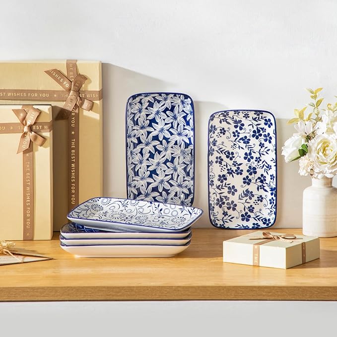 vancasso Selene 9.5 Inch Rectangular Dinner Plates Set of 6, Ceramic Salad Plates for Dessert, Appetizer, Porcelain Serving Platters for Entertaining, Microwave & Oven Safe, Vintage Blue & White Color-Ruum Studio Home