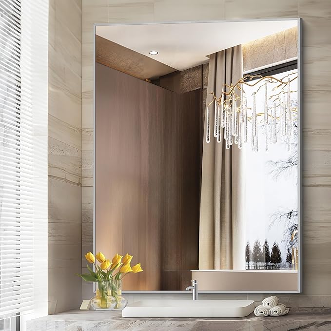 Silver Bathroom Mirror, 48"X36" Rectangle Mirrors for Wall Metal Frame, Bathroom Rectangular Mirror Modern Wall Mirror for Bedroom Living Room, Hangs Horizontal or Vertical-Ruum Studio Home
