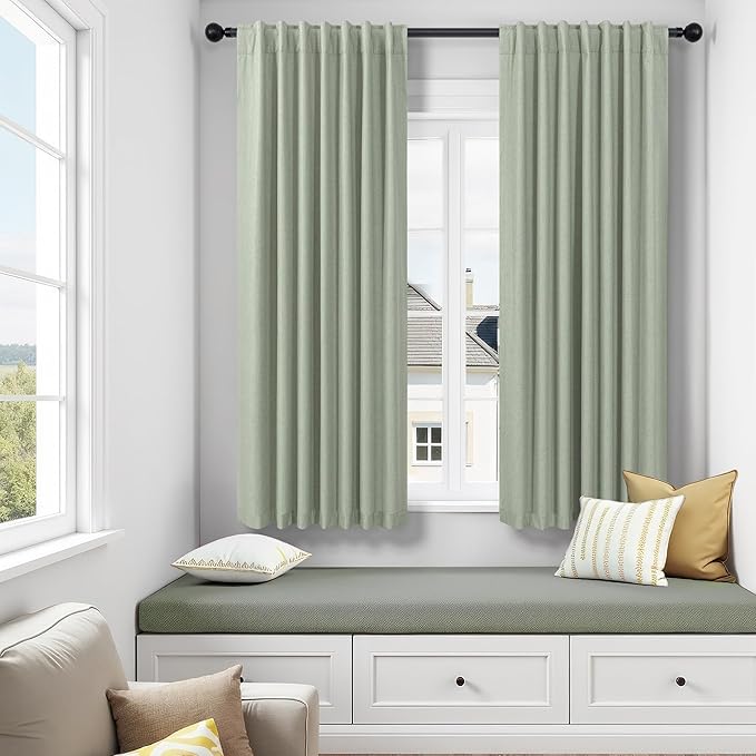Living Room Green Black Out Curtains 63 Inch Long 2 Panel Thermal Insulated Heat Blocking Sage Green Light Curtains for Nursery Teen Boys Bedroom Playroom Office Boho Cottage Core Decorative 63 Length