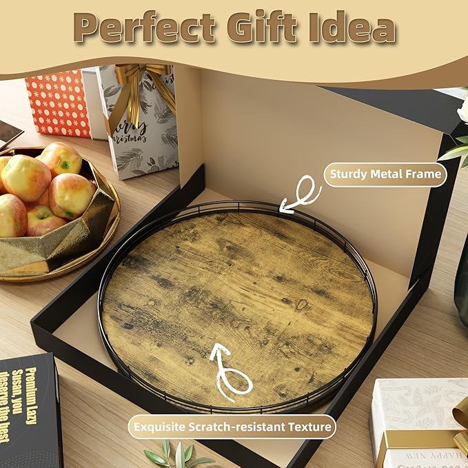 Lazy Susan Turntable Organizer for Table Top, 16’’ Round Wooden Lazy Susan for Cabinet Kitchen Countertop Pantry Dining Coffee Table for Condiments Spices, Rustic Bathroom Vanity Tray for Soap Candle-Ruum Studio Home