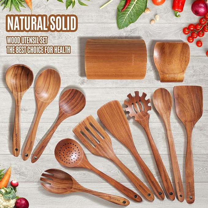 Wooden Spoons for Cooking, 12PCS Teak Wooden Kitchen Utensil Set with Spoon Rest - Smooth Finish, Non-Stick, Comfortable Grip, Heat Resistant Cooking Utensils Set-Ruum Studio Home