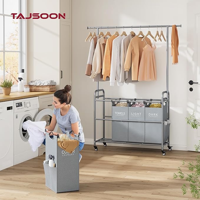 Tajsoon Laundry Sorter with Hanging Bar, 4 Section Rolling Laundry Hamper with Heavy Duty Lockable Wheels, Laundry Sorter Cart for Bathroom & Bedroom, Gray-Ruum Studio Home