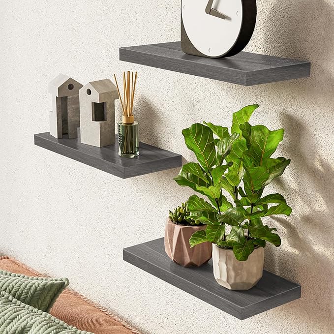 BAYKA Floating Shelves for Wall, 22.5 inches Wall Mounted Rustic Wood Shelves for Bathroom, Bedroom, Living Room, Floating Shelves for Books/Storage/Decor (Grey,Set of 3)-Ruum Studio Home