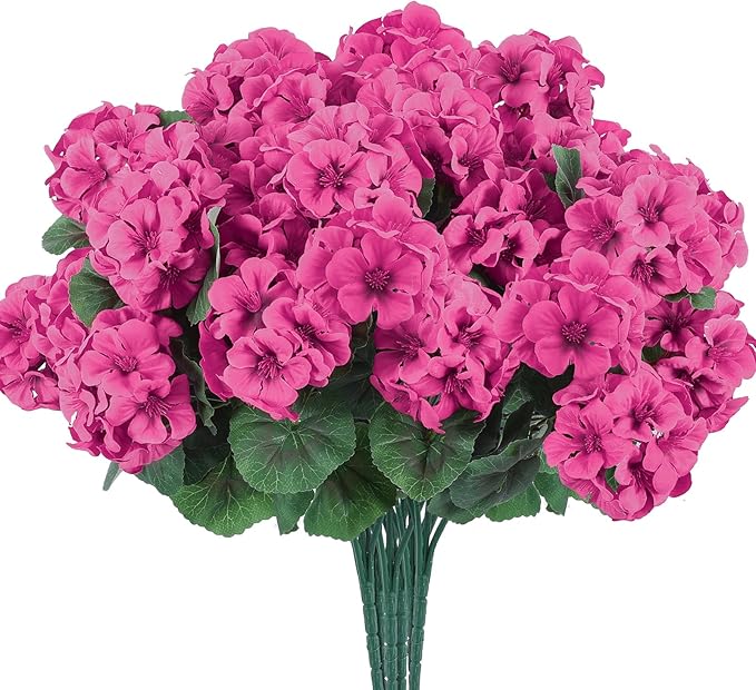 Hananona 12 Pcs Artificial Geranium Flowers for Outdoors Geranium Silk Flowers Outdoor UV Resistant Garden Plants Faux Flowers for Ptio Front Door Kitchen Table Centerpieces Home Decor (12, Rose Red)-Ruum Studio Home