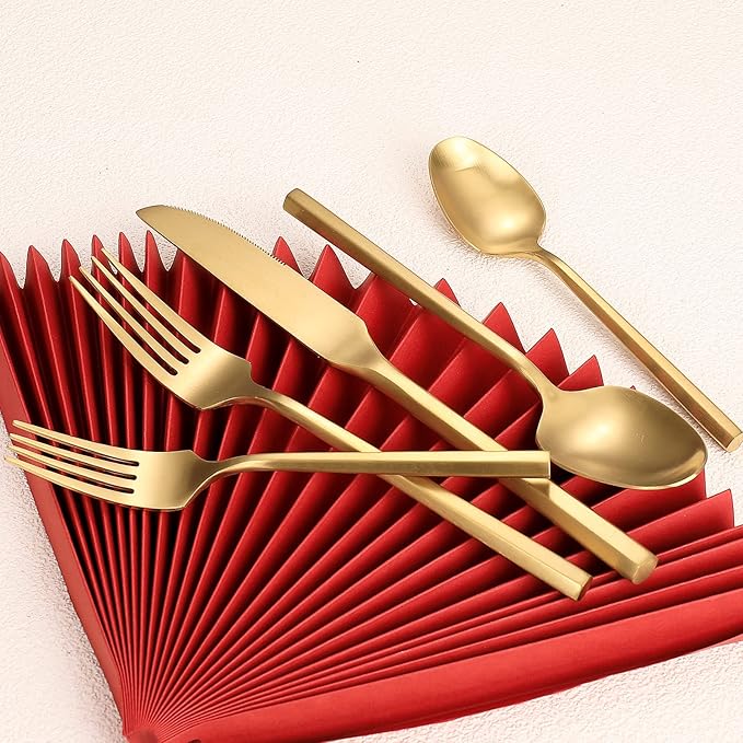 Matte Silverware Set Gold Flatware Set with Hexagon Handle 20 Pieces 18/0 Stainless Steel Cutlery Set Wedding Housewarming Gift Service for 4 (Matt gold)-Ruum Studio Home