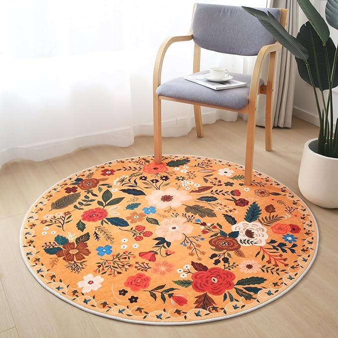 Round Rug 4ft Washable Circle Rug Non Slip Low Pile Boho Floral Small Circular Rug for Bedroom, Bathroom, Entryway, Kids Room, Office, College Dorm(Yellow)-Ruum Studio Home