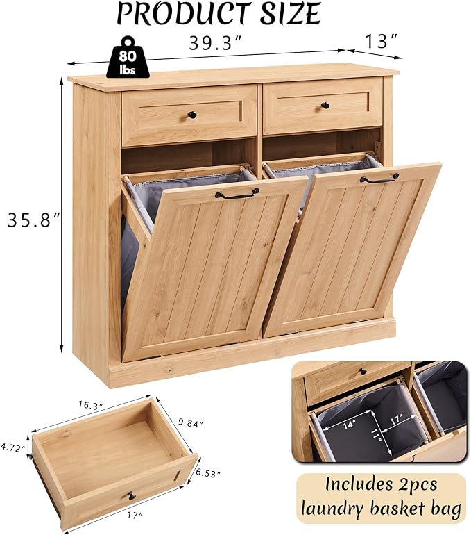 Double Tilt Out Laundry Hamper Cabinet, 20 Gallon Farmhouse Trash Can Cabinet with Drawer, Hidden Wood Garbage Can Bin Cabinets with Laundry Storage Basket for Bathroom, Kitchen (Natural)-Ruum Studio Home